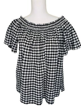 Loft Womens Black White Ghingam 99% Cotton Top Blouse Size Medium